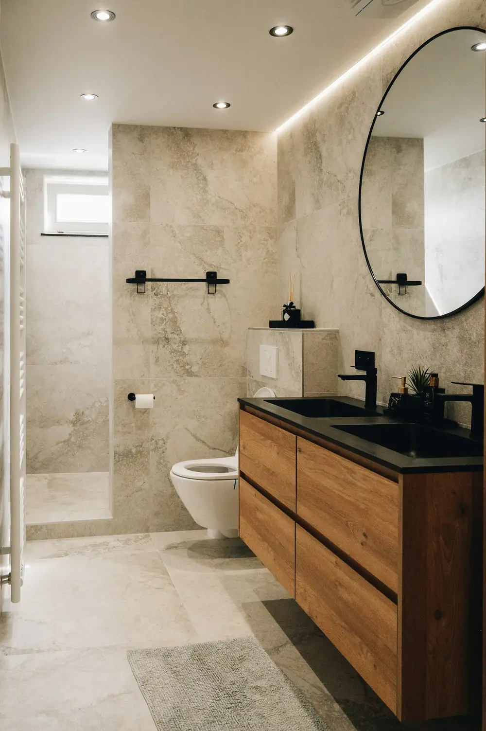 a bathroom with a large mirror